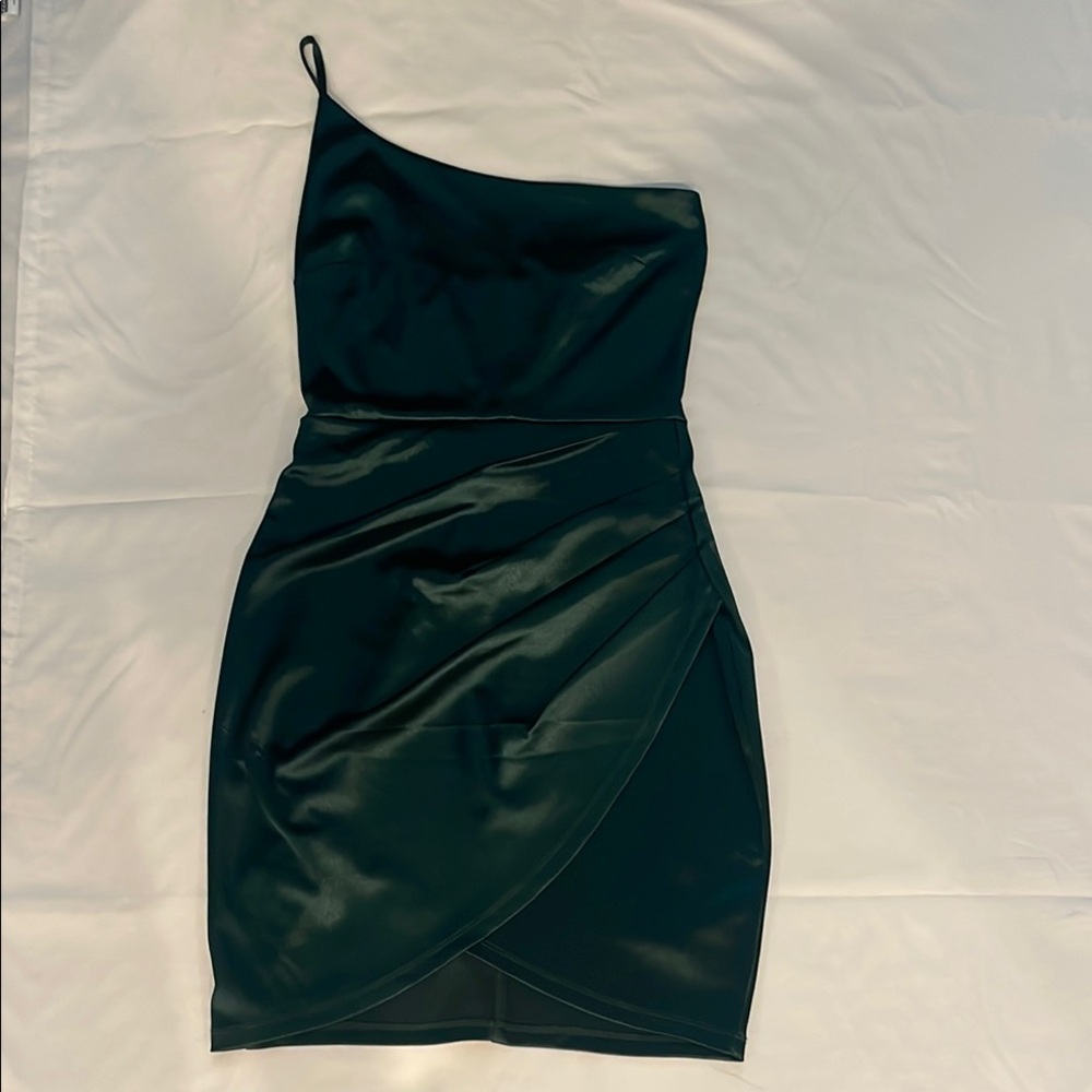 Hunter Green Asymmetrical Ruched Cocktail Dress